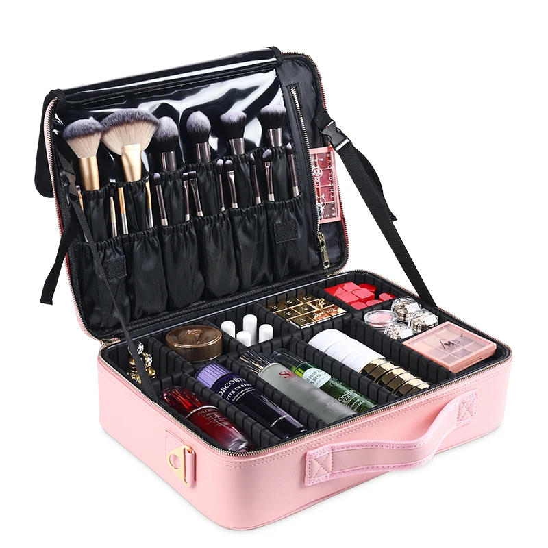 Makeup Train Case Cosmetic Storage Case Organizer with Adjustable Compartments forCosmetics Makeup Brushes Toiletry Jewelr Pink