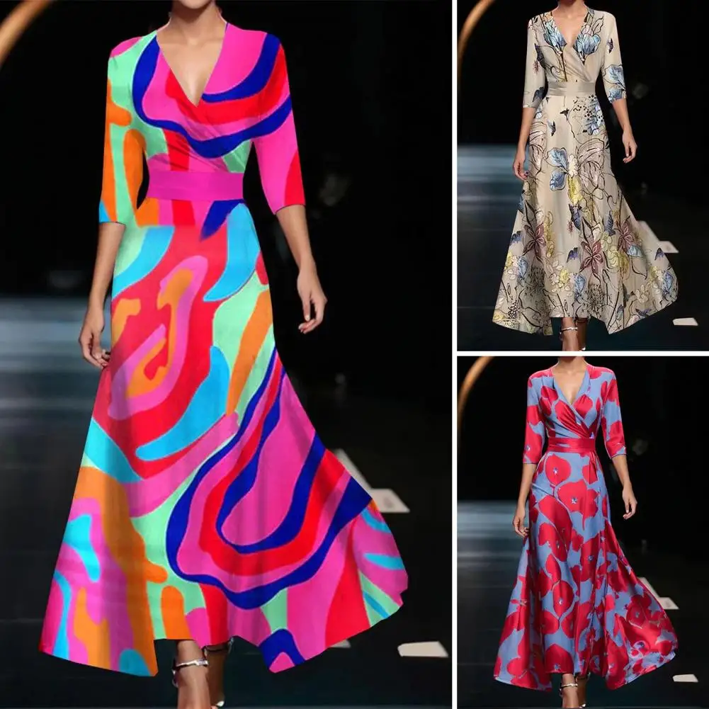 

Banquet Dress Women V-neck Dress Colorful Print Maxi Dress with V Neck Three Quarter Sleeves A-line for Dating for Big