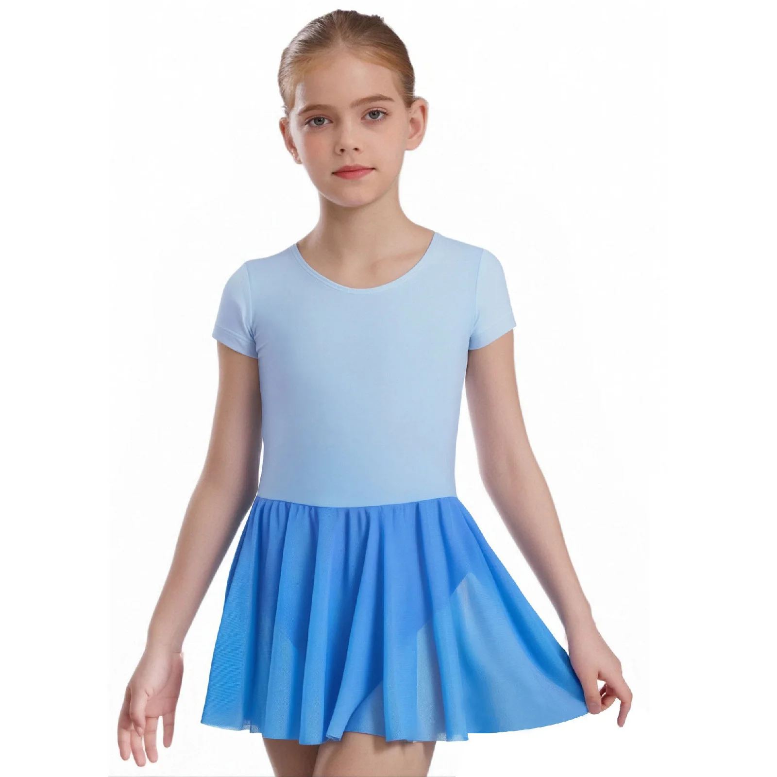 

Kids Girls Short Sleeve Round Neck Gradient Ballet Dance Dress with Built-in Briefs for Lyric Ballet Latin Practice Performance