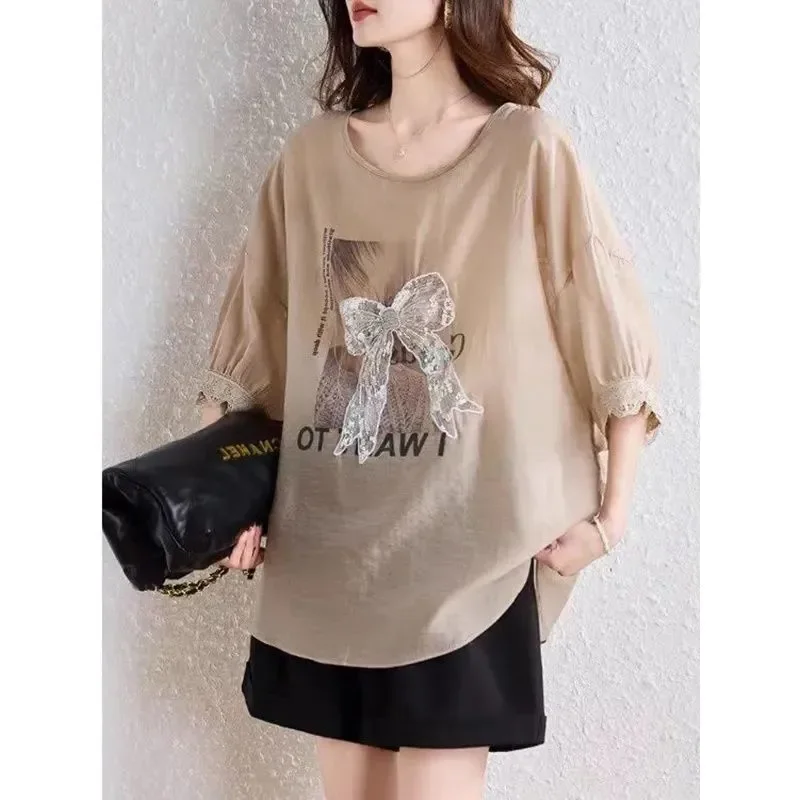 Women Loose Cotton Blend T Shirt with Bow Print and Lace Trim Half Sleeve Casual Summer Top for Beach Daily Wear
