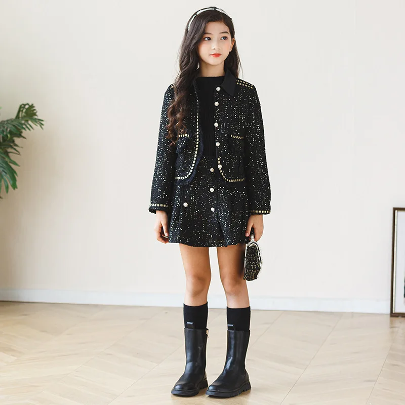 Children Set Girls Autumn Winter New 2025 Fashion Korean Princess Dress Black Small Fragrant Style Coat Skirt Two Piece Set