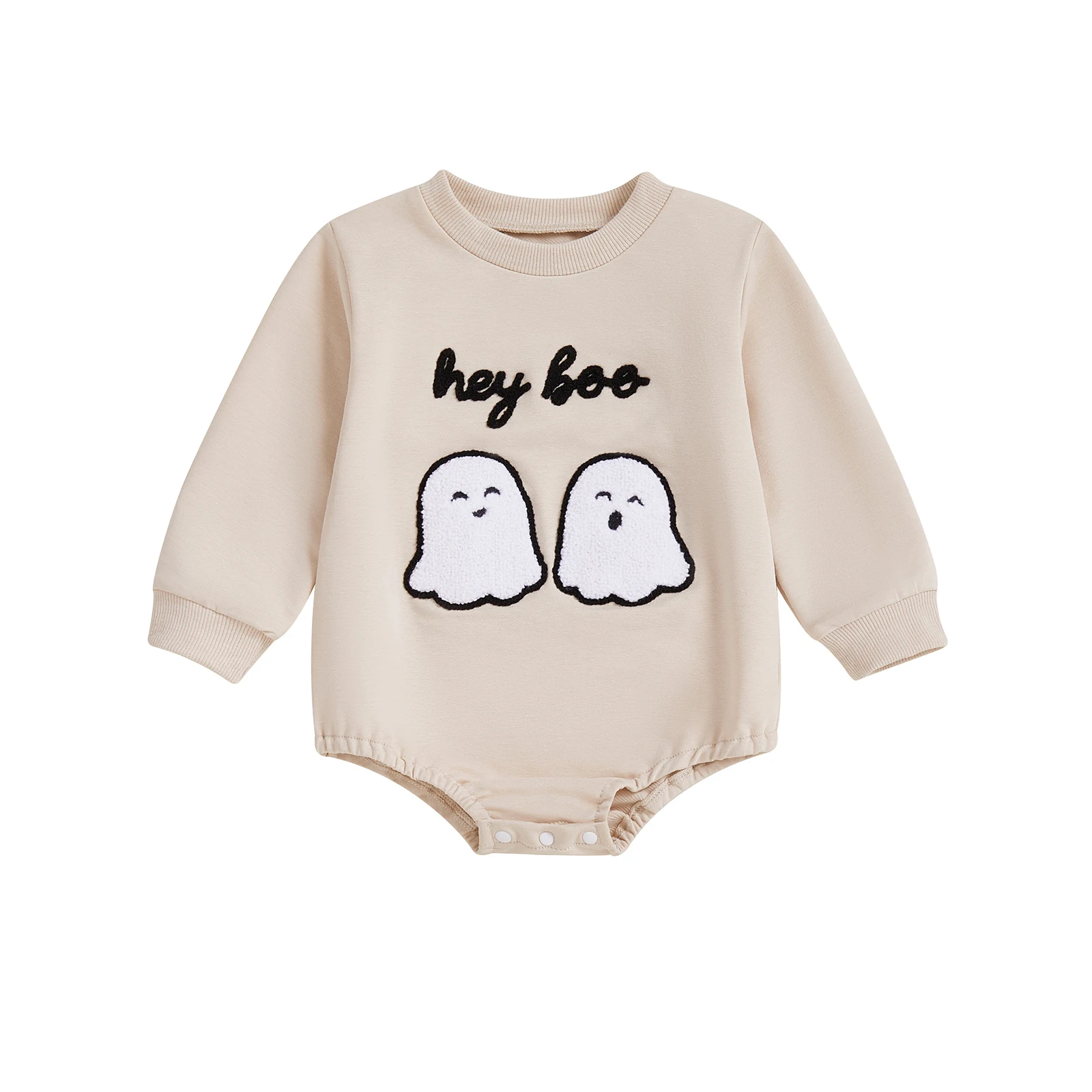 

Baby Halloween Romper Letter Ghost Embroidered Crew Neck Long Sleeve Jumpsuit for Fall