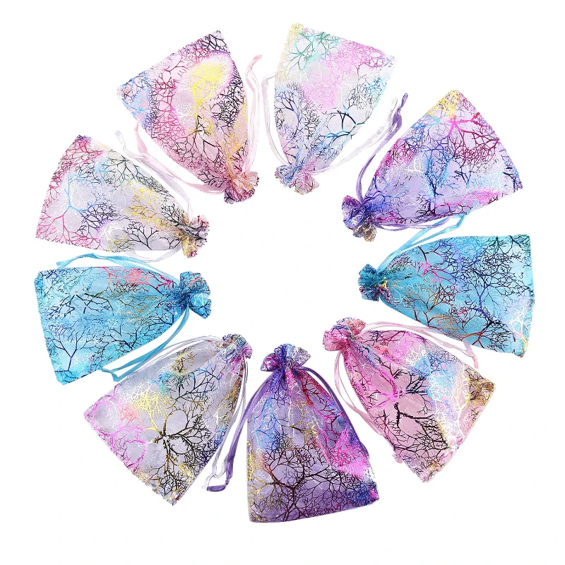 

100pcs Coralline Gift bags organza wedding supplies bag jewelry pouches storage Colorful Trees Printing Party Wedding Candy Bag