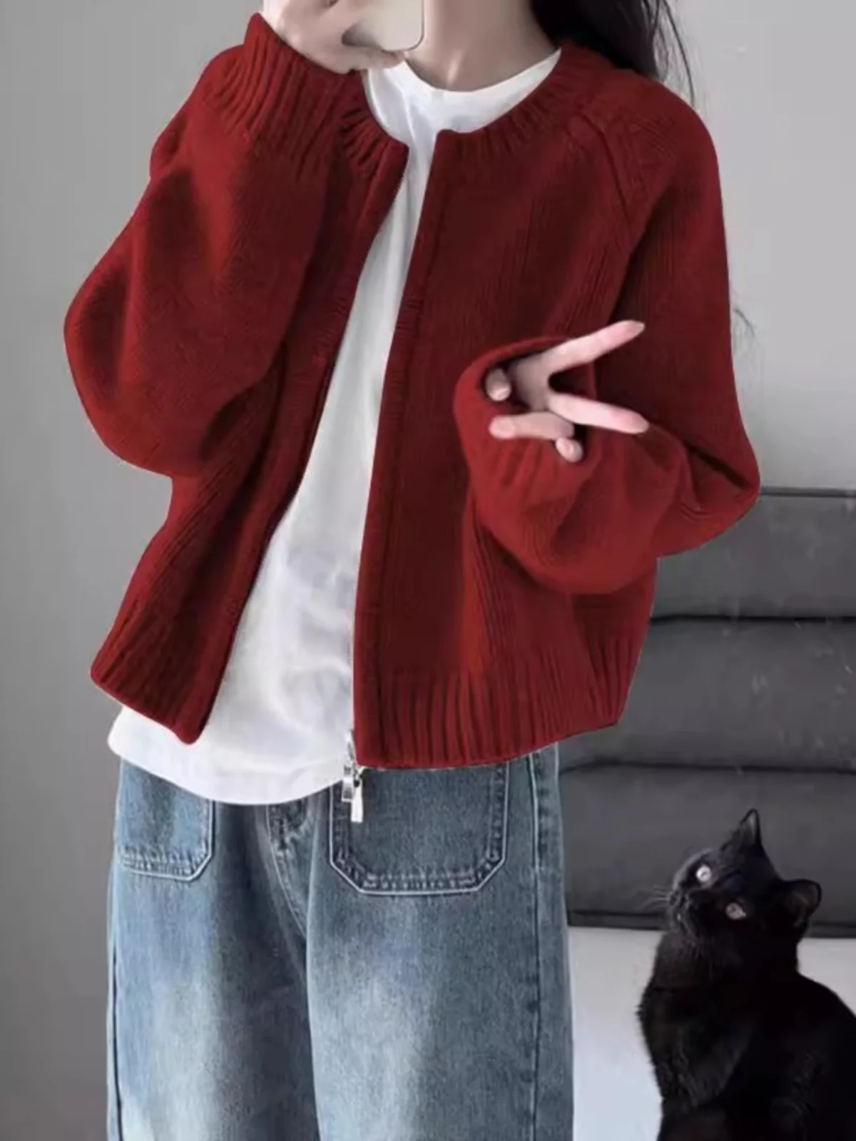 

Women's Knitted Open Cardigan Sweater Red Loose Casual Zipper Top Trendy Autumn Winter Faion Warm round Ne Long Sve