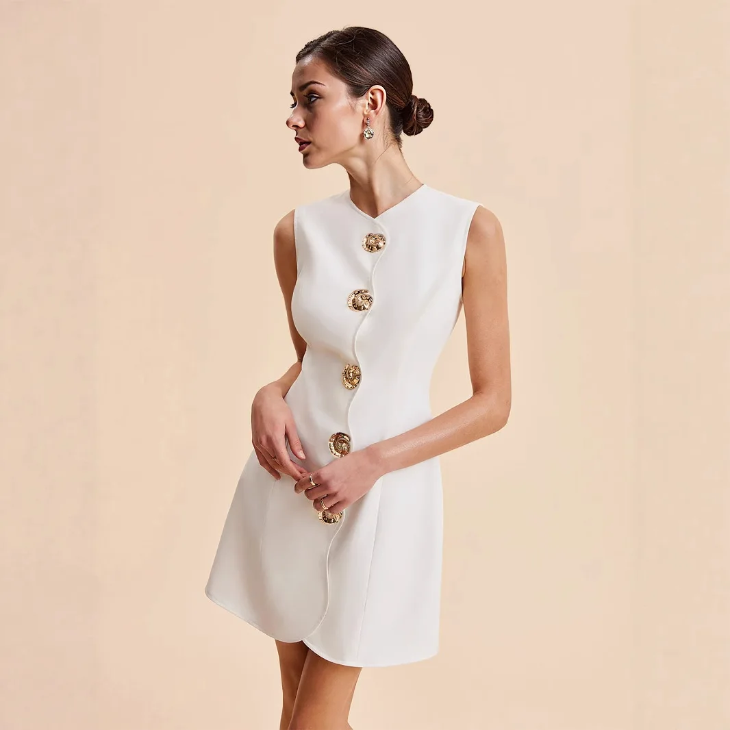 

2025 Summer Hot Sale Sleeveless Crew Neck Buttoned Solid Color Short Dress - Women's Trendy Cross-Border Bestseller