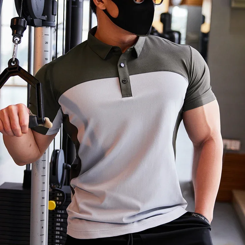 Camiseta deportiva a la moda para hombre, sudadera para gimnasio, correr, Fitness, manga corta, Top ajustado, Polo informal de negocios,