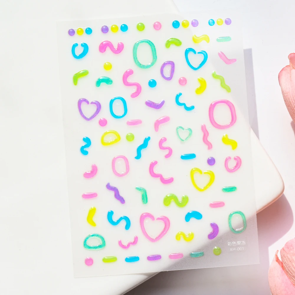 5D Jelly Line Letter Heart Cartoon Nail Stickers Colorful Relief Geometry Press On Nails Decals Decoration DIY Adhesive Sliders#