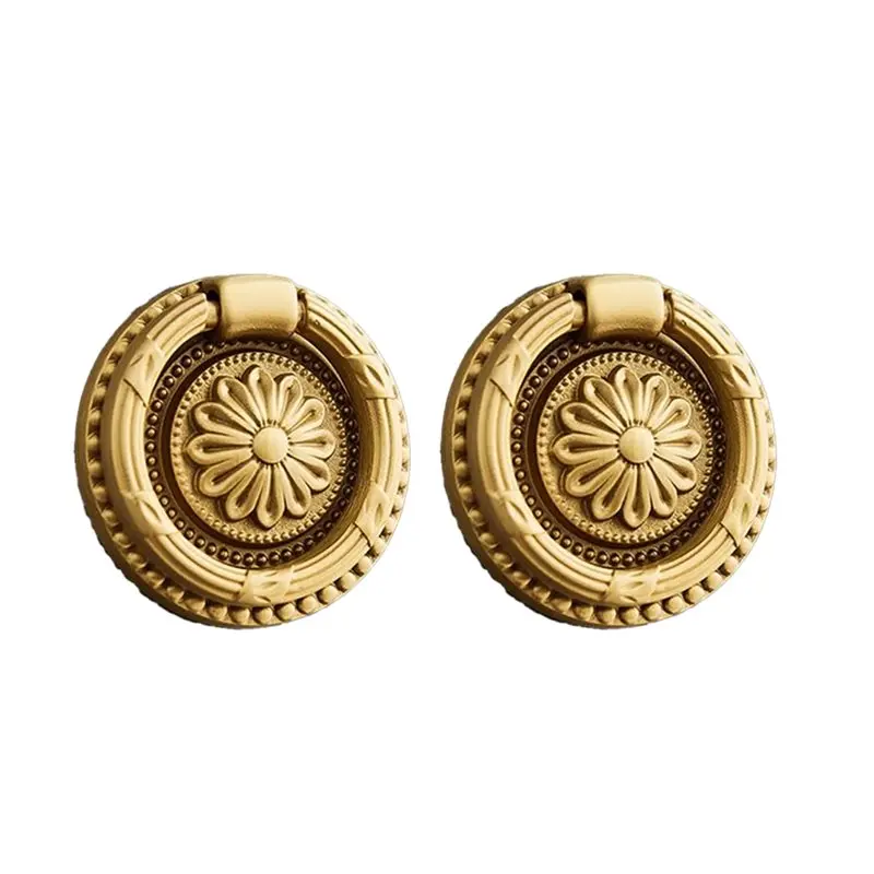 【GIFT】Brass Cabinet Rings Gold Knobs, Drawer Knobs Round European Handles Antique Gold Pull For Dresser, Home Kitchen, 2 Pack