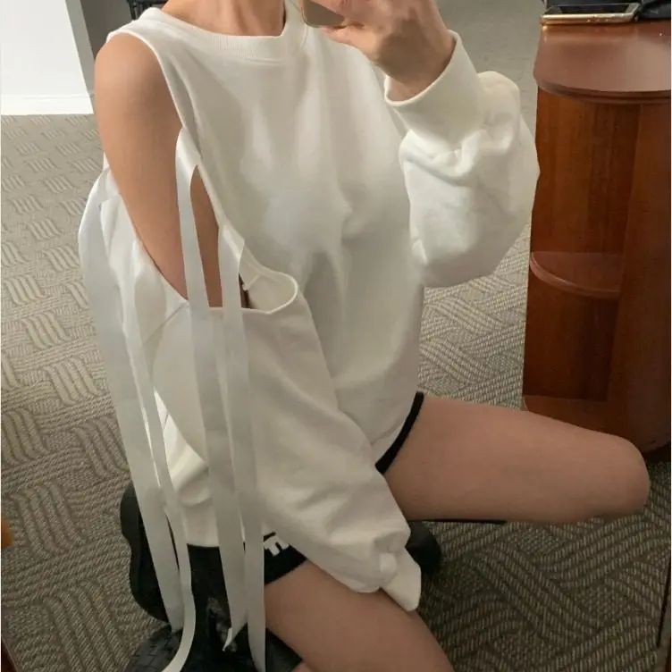 

Женская свободная толстовка Dongda Gate с вырезами на плечах и круглым вырезом, с длинными рукавами, повседневная футболка для молодых девушек