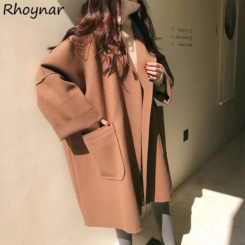 

Coats Women Woolen Loose Slim Fitting Korean Style Solid Chic Fashion All-match Streetwear Casual Elegant Girls Wool & Blends