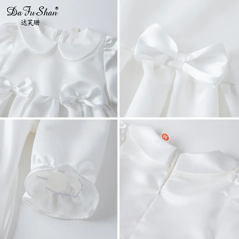 فستان موري أبيض للربيع والخريف للفتيات على الطراز الكوري ملابس أطفال أوائل الخريف بأكمام طويلة جديد مطوي من الدانتيل L