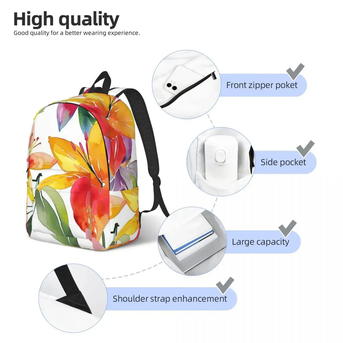 Water Color Bright Floral Seamless Backpack BookBag Children School Bag Laptop Shoulder Bags for Men Women