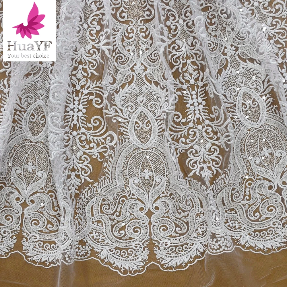 New High Quliaty Beautiful Bridal White Lace Fabric Special Disign, Beaded Wedding Dress Lace Fabric 1 Yard HY1533