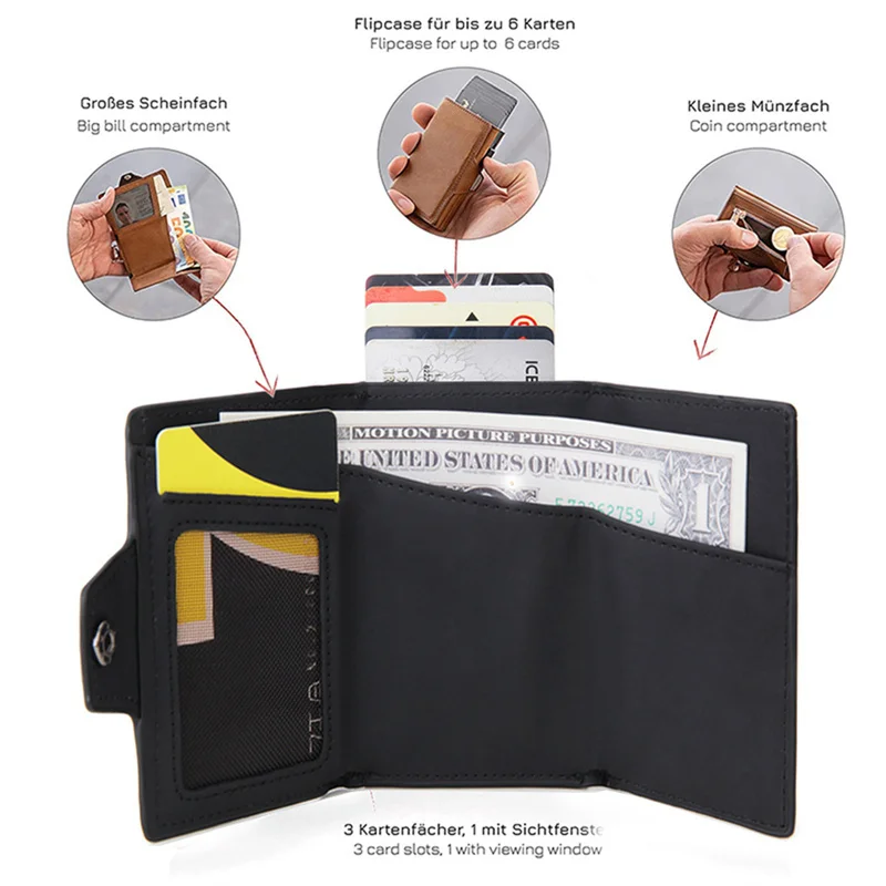 RFID กระเป๋าสตางค์คาร์บอนไฟเบอร์สำหรับผู้ชาย, กระเป๋าใส่เหรียญแบบบางบางบางกระเป๋าเก็บบัตรช่องใส่บัตรเครดิตเคสกระเป๋าสตางค์อัจฉริยะแบบเรียบง่ายทำจากอลูมิเนียม