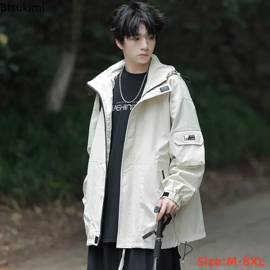 

2025 Men's Outdoor Windbreaker Jackets Casual Sports Loose Coats Couples Hiking Climbing Waterproof Hooded Jackets Oversized 8XL