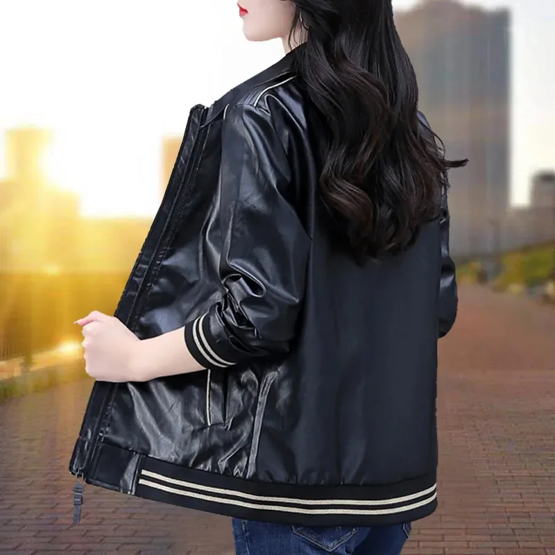 Spring Autumn Leather Jacket Female 2024 Loose Fashion Plus Size 4XL Zipper Black Leather Jackets Loose Coat Women Outwear