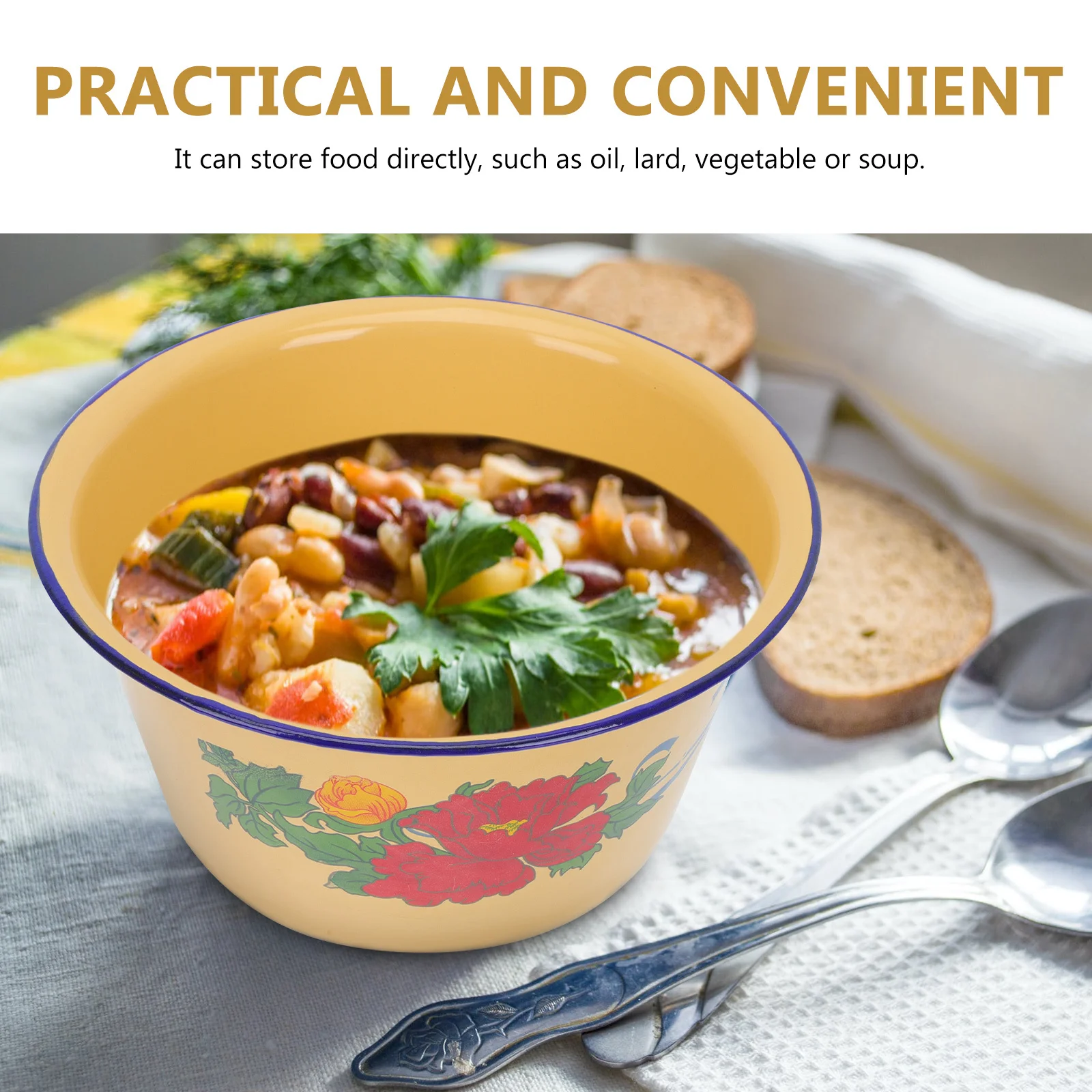 

1Pcs Vintage Enamel Bowl with Lid Retro Lard Pot for Food Storage Kitchen Spice Container Style Enamelware Mixing Bowl