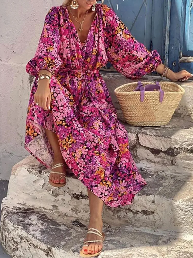 

Loose Casual Long Lantern Sleeve Maxi Dress, Spring Summer Women V Neck Simple Party Dress, 2024 Printing Patchwork Ladies Dress