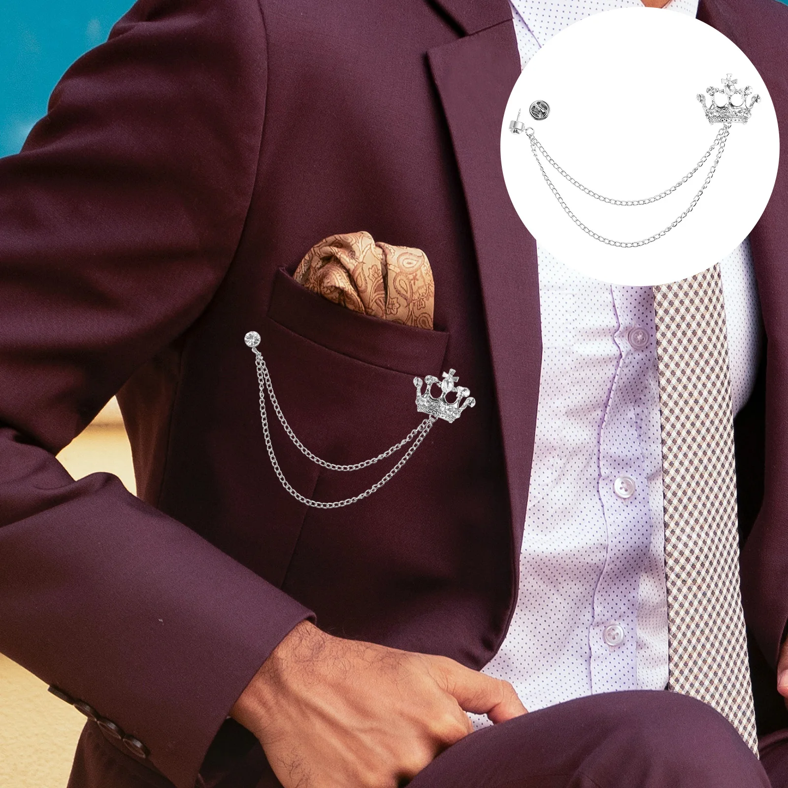 

2 Pcs Lapel Pin Brooch for Men Elegant Alloy Suit Clip Rhinestones Crown Collar Clip for Wedding Party Tie Accessories