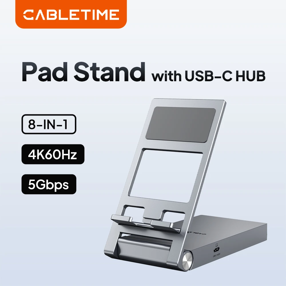 

CABLETIME 8 IN 1 USB C Hub With Foldable Stand HDMI 4K 60Hz PD 100W USB 5Gbps Aux 3.5mm For IPad Pro Android Tablet C503