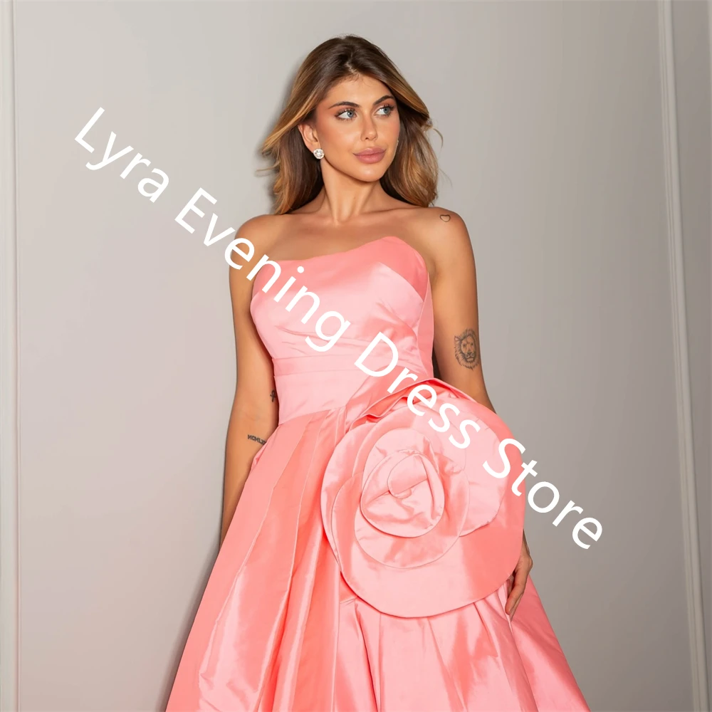 Customized Classic Pink Satin Evening Dress Strapless Sleeveless Celebrity Gowns Flowers Delicate  Bespoke Occasion Gowns