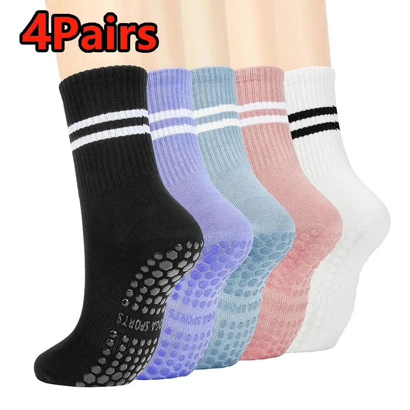 4 Pairs Yoga Socks Women’s Non-slip Mid-tube Professional  Pilates Socks Indoor Fitness Gym Dance Sports Floor Silicone Socks