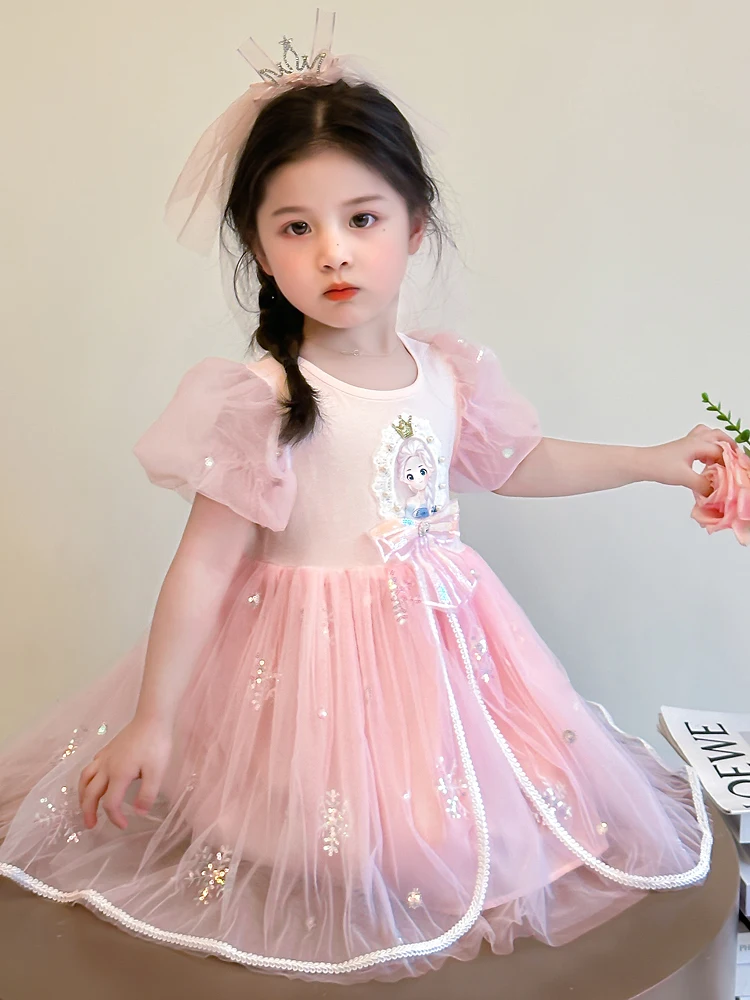 

Sweet Elsa Princess Dress for Girls Summer Fashion Bowknot Short Sleeve Birthday Dresses New Children's Mesh Sequins Dress