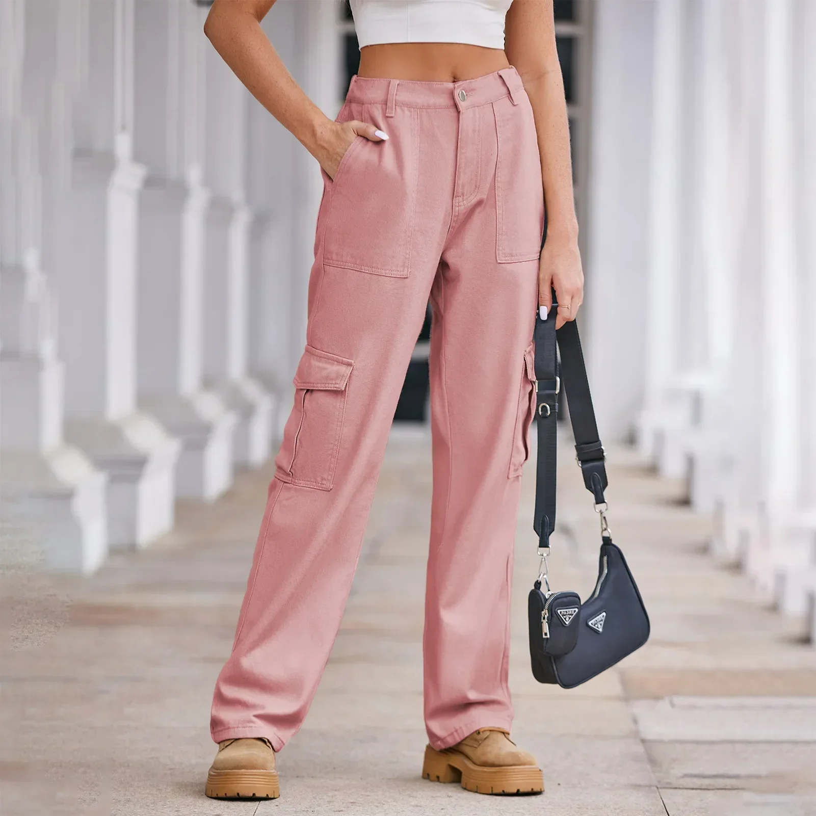 

Women Jeans Denim Ankle Length Pockets Cargo Pants Loose Fit High Waist Pockets Washing Solid Streetwear Slight Strech 2025
