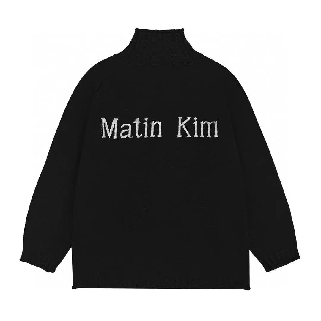 MATIN KIM Unisex High Neck Zip Cardigan Letter Jacquard Knit Sweater Korean Streetwear Loose Casual Winter Outerwear Jacket