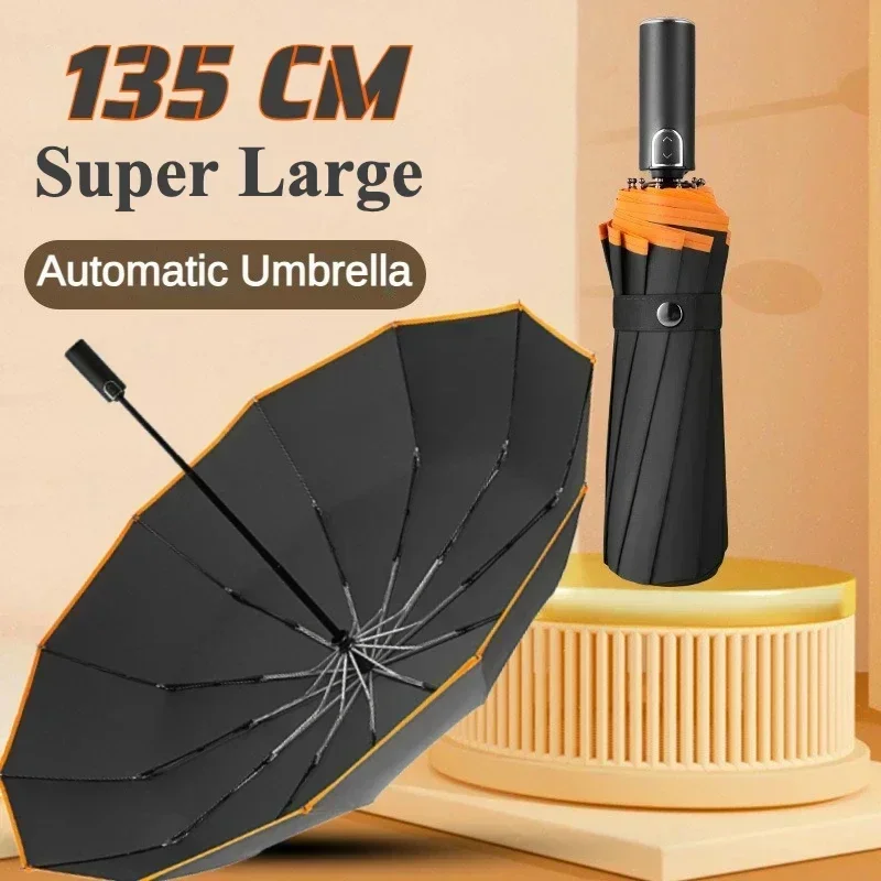 Large 135CM Automatic Folding Umbrella, Reinforced Windproof Strong, Safety Reflective, Big Sun and Rain Umbrellas for Men Women