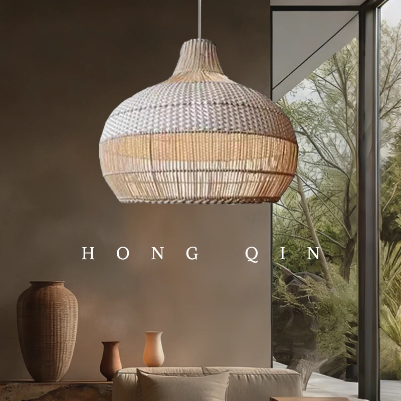 

Morden Rattan LED Chandelier Vintage Tea Room Restaurant Pendant Light Kitchen Island Fabric Pendant light Lustre