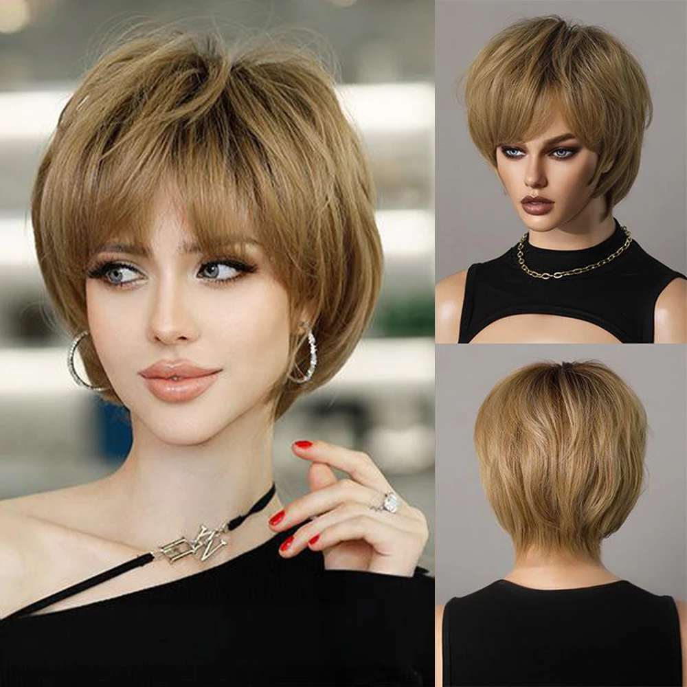 ผมสังเคราะห์สั้นหยิกสีน้ำตาลทองขนาด 8 นิ้วพร้อมหน้าม้าเป็นวิกผมทนความร้อนตามธรรมชาติเหมาะสำหรับงานปาร์ตี้ประจำวันของผู้หญิง