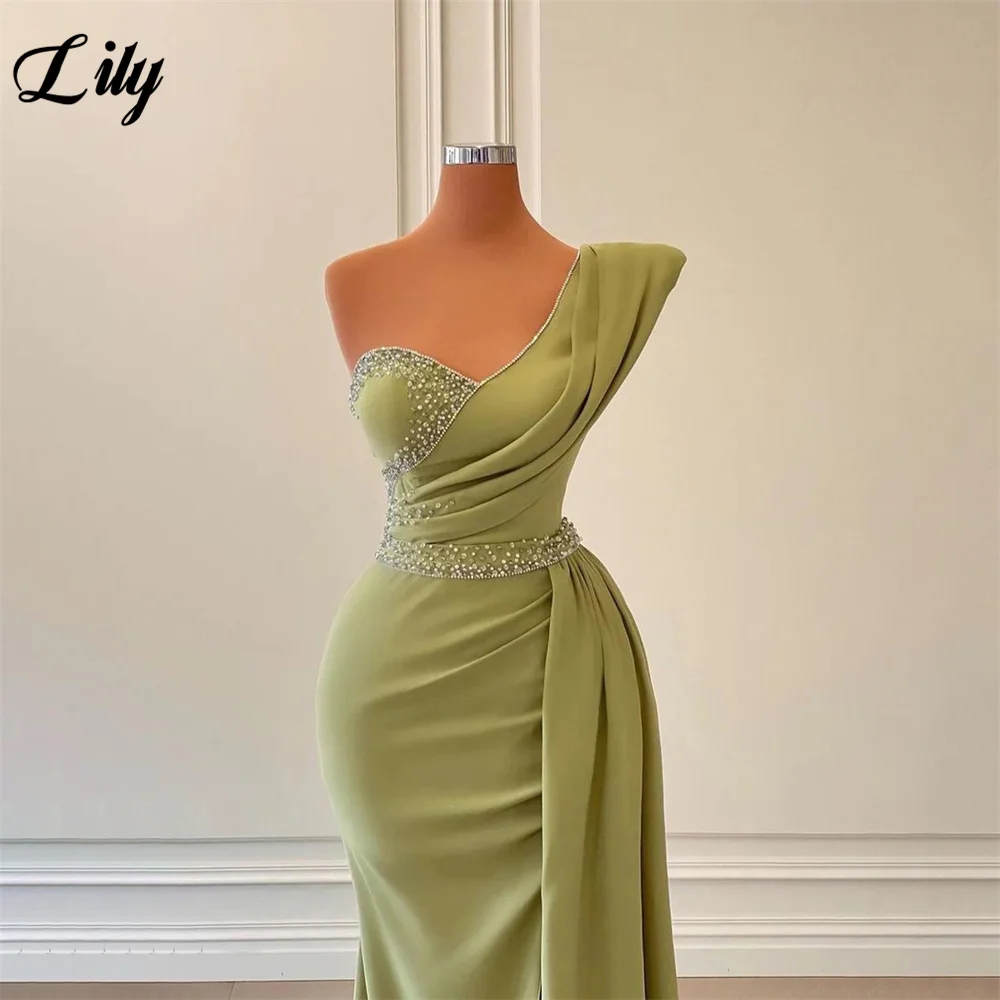 Lily Sage Green Stain Prom Dresses Shining Pleat One Shoulder vestidos de noche Floor Length Mermaid Evening Dress With Split