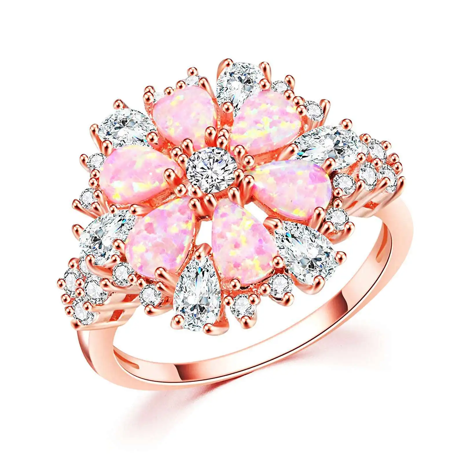 Luxuriöser Vintage Damenring mit Roségold-Beschichtung, Rosa Opal-Blume, Vollbesatz mit Zirkonia, Einzigartiger Statement-Schmuck, Geschenk für Frauen