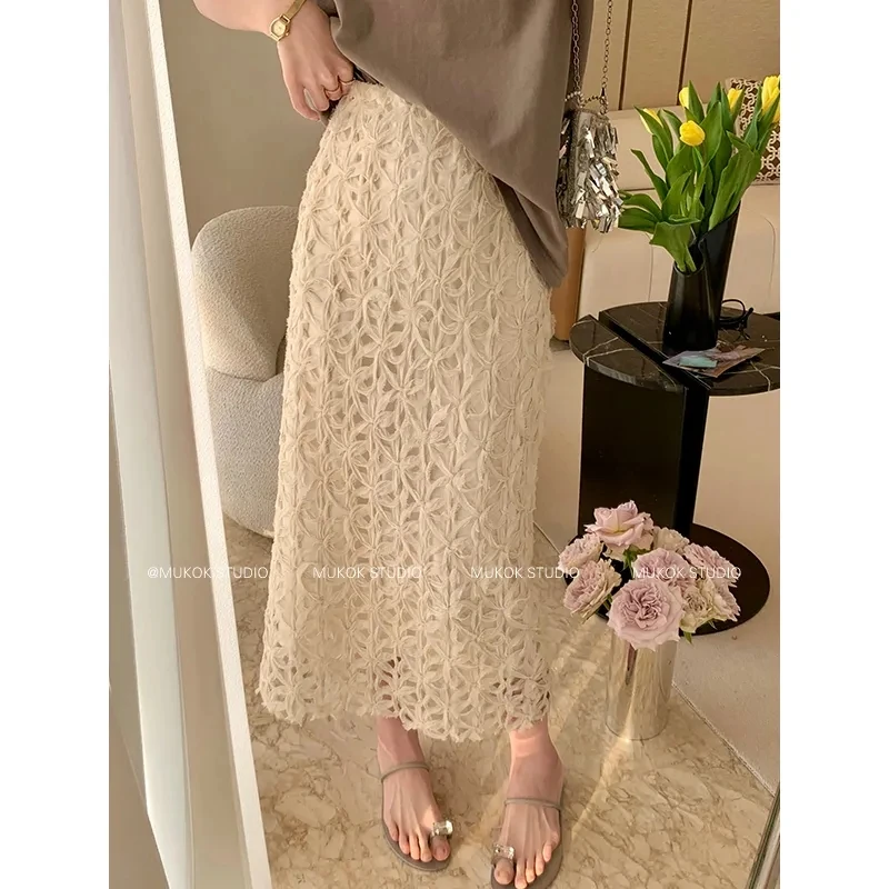 White Hollow Half Dress Female Spring New Skirts High-Waisted Temperament Skirt One-Step A-Line Skirt All-Match Woman Clothing