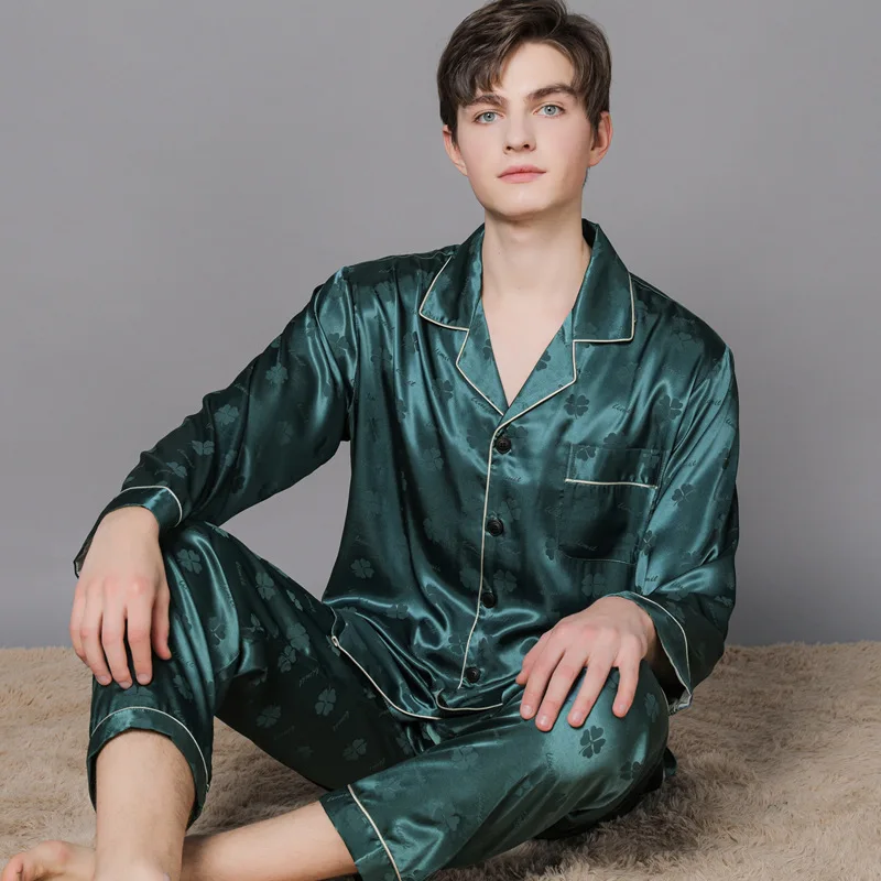 Men Ice Silk Pajamas Suit Summer Plus Size Satin Thin Plaid Pyjamas Male Home Clothes Fashion Print High Quality Sleepwear Boy