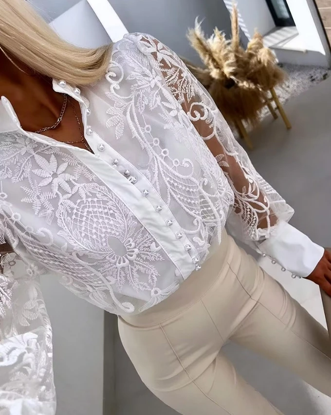 2024 Spring New Women\'s Embroidered Elegant Shirt with Casual Pearl Decorative Buckle Half Sheer Lace Top Temperament