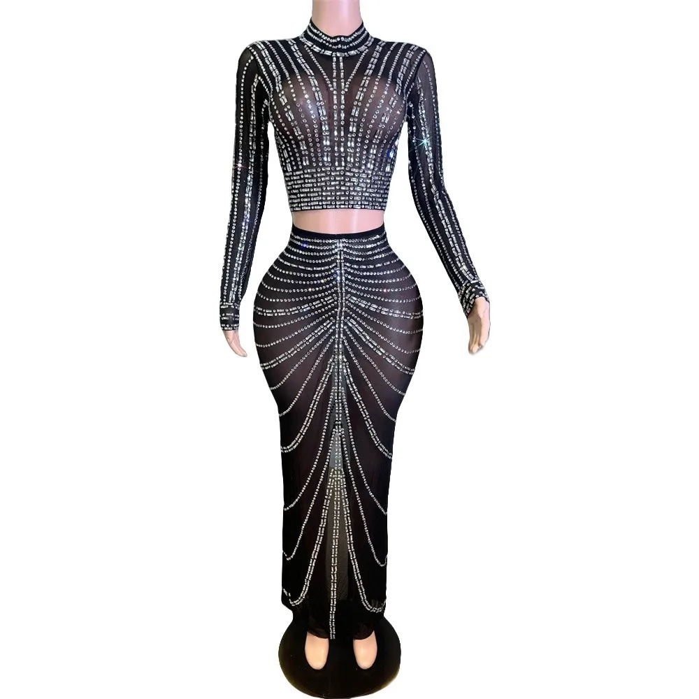 Haut court en maille noire avec strass transparents, jupe longue, tenue pour femmes, fête d'anniversaire, discothèque, Bar, ensemble 2 pièces, Costume de scène