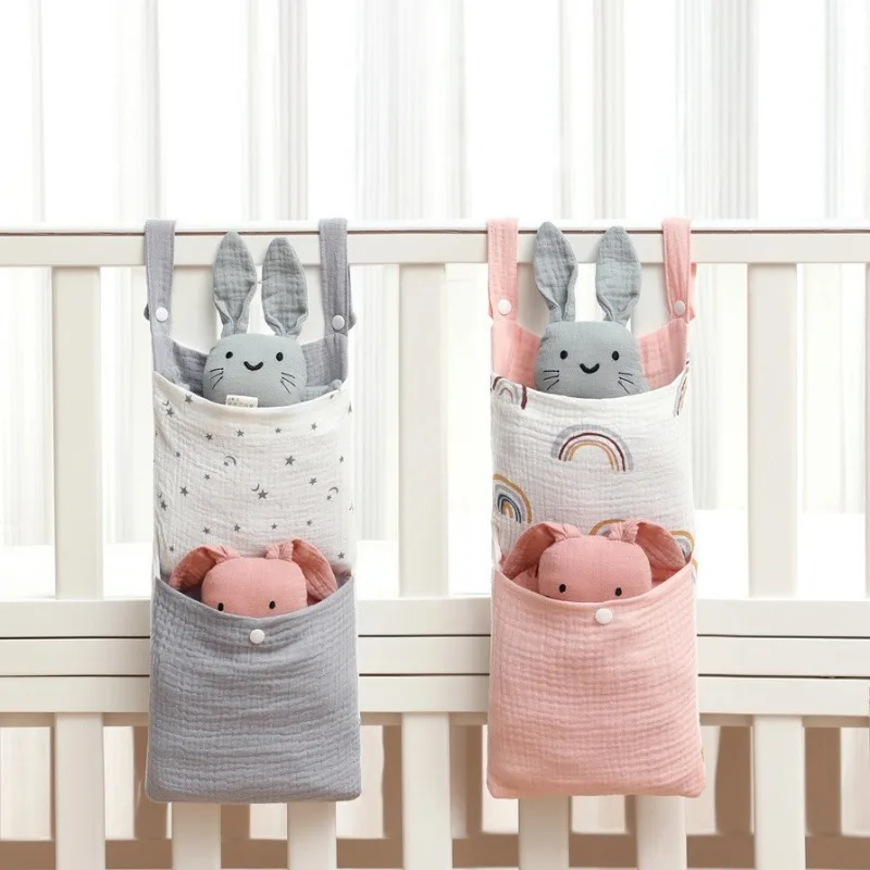 Baby Crib Organizer Cot Caddy Bed Storage Bag 2 Pockets Bedside Hanging Diaper Nursery Organizer for Diapers Toys Clothing