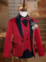 Children Red New Year Singer Host Photography Suit Boys Jacket Vest Pants Performance Costume Kids Piano Sequins Wedding Dress