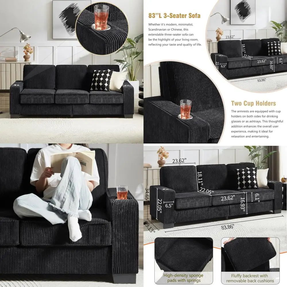 3-местный вельветовый диван с подстаканниками — 83,86 современный сжатый диван для гостиной, спальни, офисной мебели