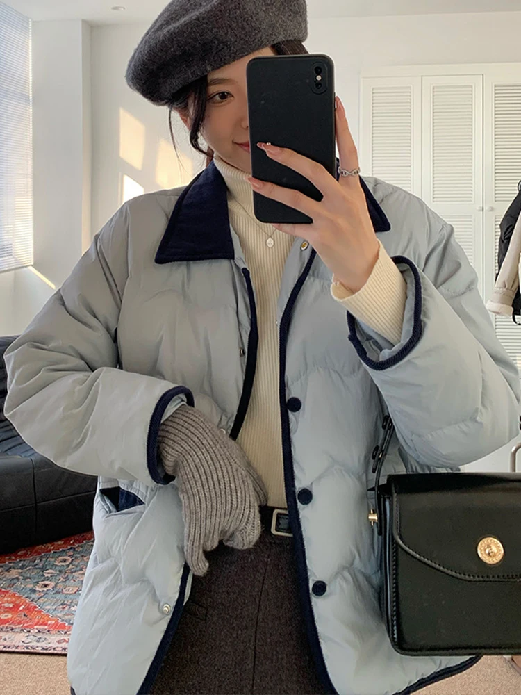

Down Coats Women Autumn Winter Korean Style Single Breasted Loose Casual Jackets Sweet Turn Down Collar Warm Solid Outerwear