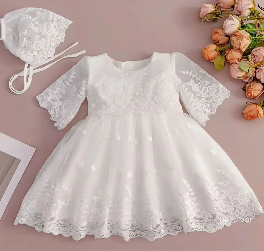 White Embroidered Baby Girl Baptism Dress with Hat Infant Christening Clothing Kid's Religious Event Outfit