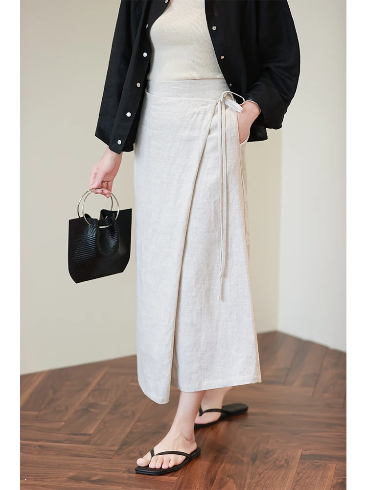 

Юбка-миди трапециевидной формы с высокой талией, льняная юбка с боковым разрезом и эластичной резинкой на талии, повседневная летняя новая юбка с принтом тай-дай