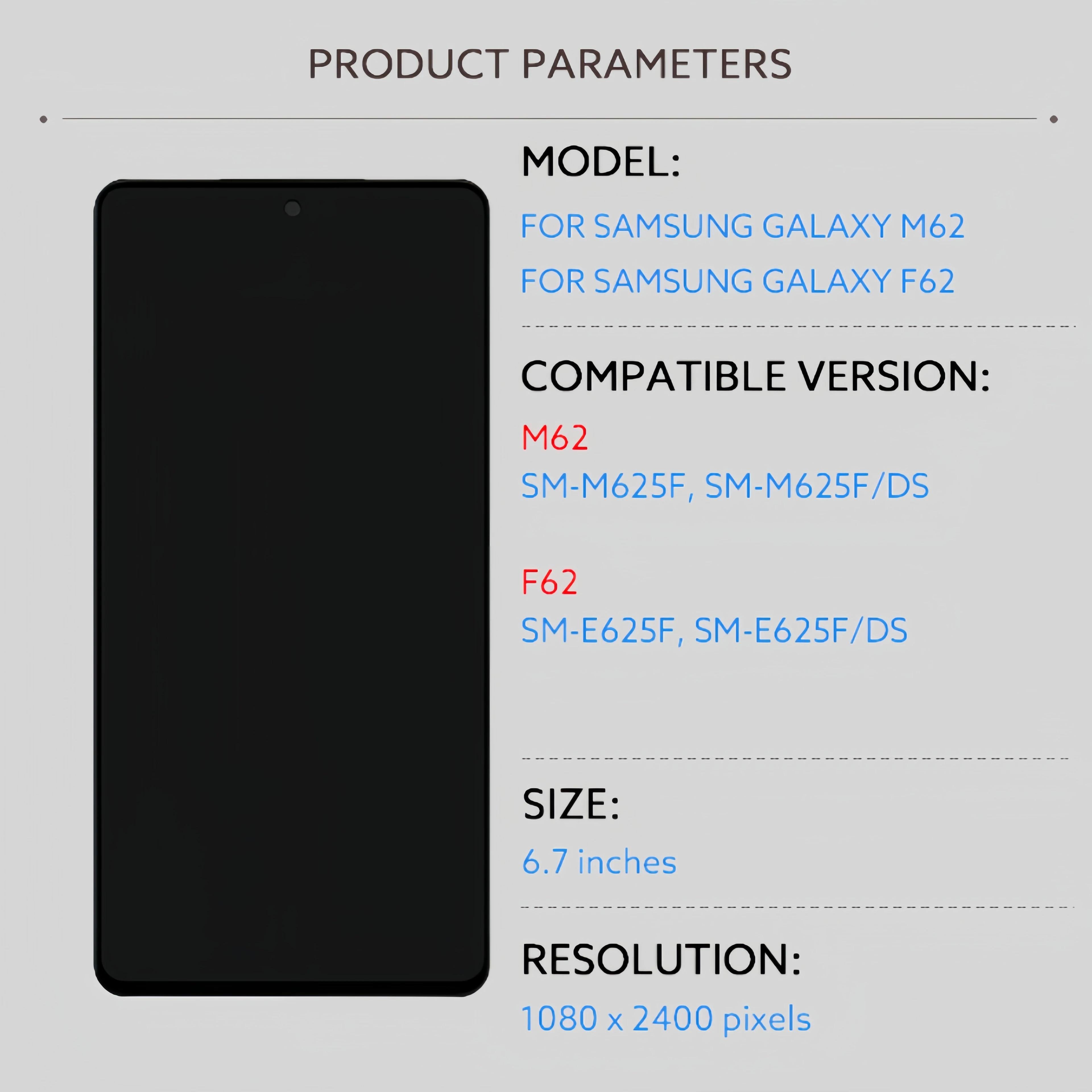 LCD Display Touch Screen Digitizer Assembly Replacement, Samsung Galaxy M62, F62, SM-M625F, M625F/DS, E625F, E625F/DS