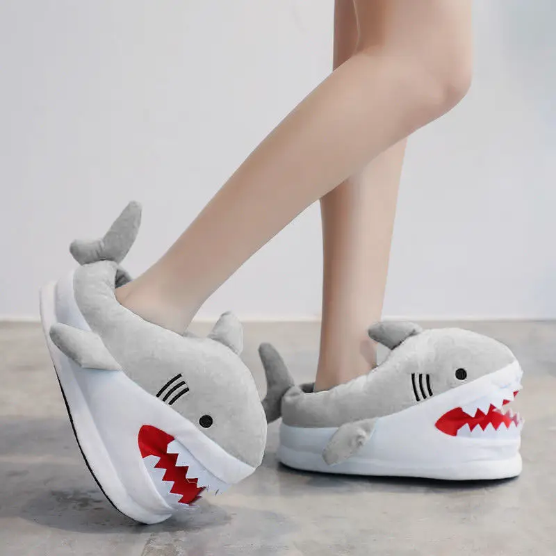 

New Unisex Winter Animal Shark Slides Indoor Furry Loafers Couples Gray Shark Slippers Home Warm Funny Slipper Plus size 44 45
