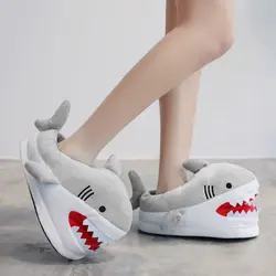 New Unisex Winter Animal Shark Slides Indoor Furry Loafers Couples Gray Shark Slippers Home Warm Funny Slipper Plus size 44 45