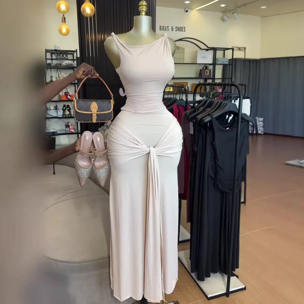 

Elegant Women's Sets Dress Sleeveless Off Shoulder Solid Color Dresses Long Skirt Front Knot Detail Maxi Dress Ruched Waist