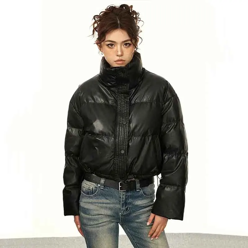 Fashion Faux Pu Puffy Crop Parkas Women Y2K American Streetwear Biker Stand Collar Jackets Female Long Sleeve Warm Down Coats