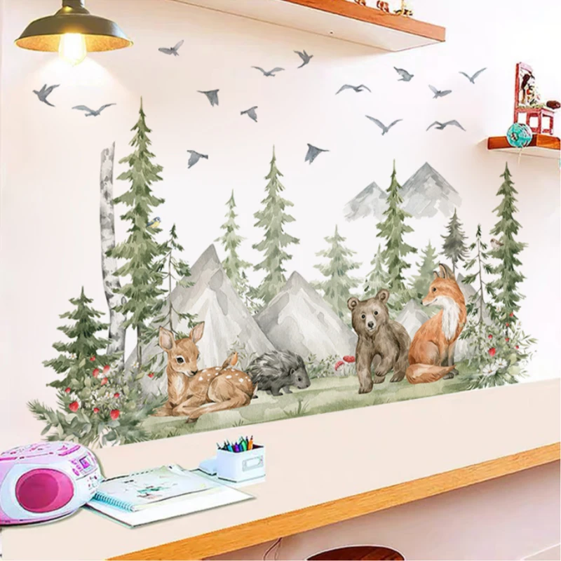 Large Forest Animals Deer Bear Wall Stickers for Kids Rooms Nursery Wall Decals Boys Room decoration Cartoon Animals Trees Mural